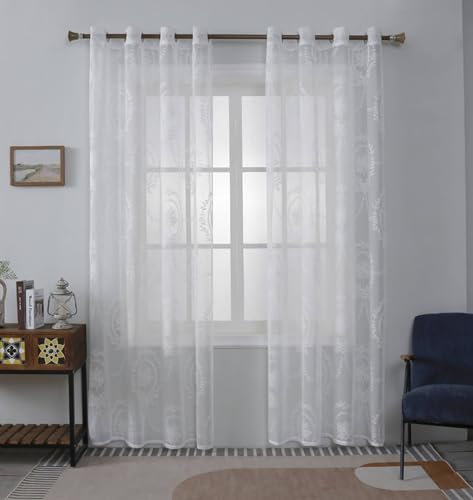 Gardinen mit Schlaufen Weiß 2er Set, Vorhänge Schlafzimmer Lichtdurchlässig 102x214CM Jacquard mit Blumen Muster Amerikanisch Schiebevorhänge Halbtransparent Gardinenschals Polyester Wohnzimmer