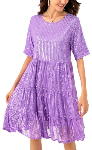 JKLESA Sequin Babydoll Summer Dress，Sparkly Glitter Dress Short Flowy Tiered Tunic Dress for Women Party Club Night (US, Alpha, X-Large, Regular, Regular, Purple)