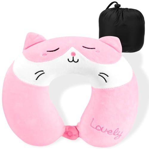 Auauraintt Reisekissen,Tier Reisekissen Nackenstütze,Nackenkissen Kinder,Tragbares Nackenkissen Erwachsene, U-förmiges Memory-Schaum-Kissen, für Auto Flugzeug Büro Heim (Rosa, Lächelndes)