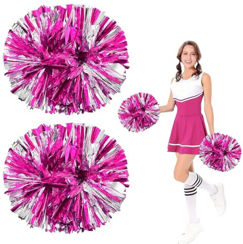 2er-Pack Pompons Cheerleading, Cheerleading Poms mit Griffen, Mittelgroßes Squad Cheer Accessories für Sportspiele, Tanz, Cheer, Erwachsene, Kinder, Sportspiele, Teamgeist (Rot + Silber)