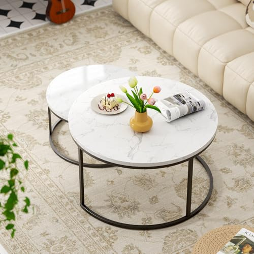 okwish Set mit 2 Runden Couchtischen, Ssatztische fürs Wohnzimmer, Stapelbarer Sofatisch Mit Weiße MDF-Tischplatte und schwarzer Metallrahmen, Ideal für Wohnzimmer, Balkon und Büro, Weiß und Schwarz
