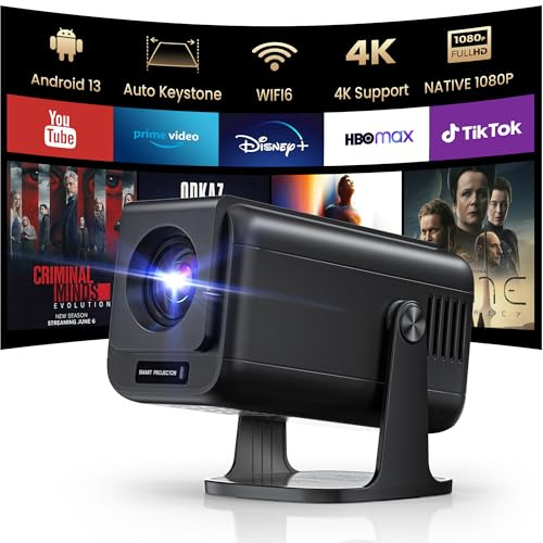 Mini 4K Projector with Wifi and Bluetooth, 1080P Full HD Smart Outdoor Portable Movie Small Projector with 270°Rotatable Stand, Android 13 OS, Auto Keystone, Support Big Screen for Home Bedroom