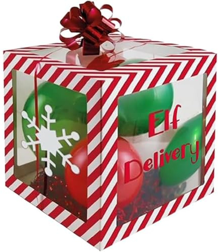 Christmas Elf Arrival Balloon Box with 4 Balloons & 6 Adhesive Christmas Icons Stickers Xmas Decoration Transparent Boxes Ideal for Parties & Baby Shower Sold By Zinnia