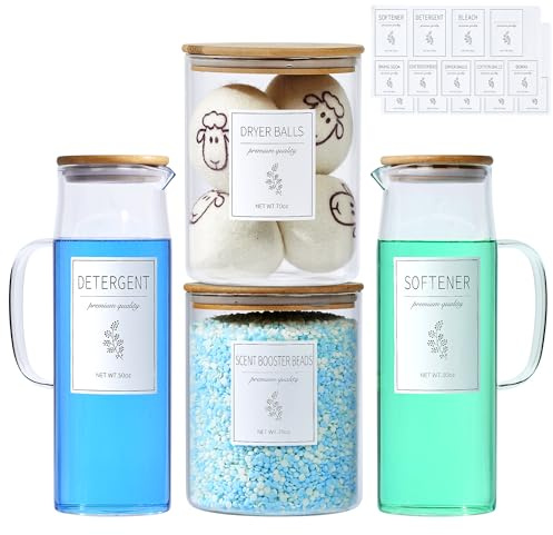 Tvättmedelsdispenser i glas – 6 x 50 uns och 6 x 180 ml borosilikatbehållare med bambulock, handtag och etiketter, lagrar pulver, tvättkapslar, tygmjukgörare, för tvättstugeorganisation och dekor