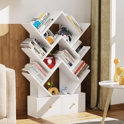 Lvhcmfohm Bücherregal Baumform mit 9 Ebenen & 2 Schubladen – Platzsparendes Standregal, Eckenregal mit 9 offenen Fächern, Aufbewahrungsregal aus robustem E1 Holz