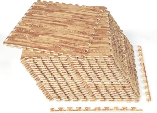 GOPLUS Tapis de Protection Fitness Puzzle en Mousse EVA, Tapis de Sport de Sol 12 Dalles Effect Bois, 61x61CM, Tapis Matelas Épais Antidérapant Couvre 4,5m² pour Gym, Salle de Sport, Garage, Piscine