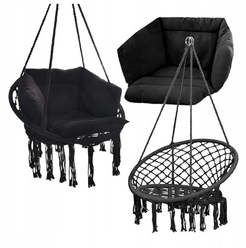 Hängesessel 200kg zum Aufhängen | Schaukelkorb | Hängekorb wetterfest | Hängestuhl Indoor & Outdoor + Kissen + Montageset (Schwarz)