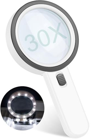 Loupe de Lecture 30X avec 13 Lumières LED - Loupe Grossissante à Main pour Lecture, Bijoux, Timbres, Pièces de Monnaie, Artisanat et Travaux Manuels - Idéale pour Seniors et Malvoyants