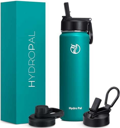 HydroPal Borraccia Termica 750 ml,1L,1.2L, Borraccia in Acciaio Inossidabile con Cannuccia, 2 Coperchi Senza BPA,Isolata 24h/12h, Senza BPA per Sport (Turchese, 750ml)