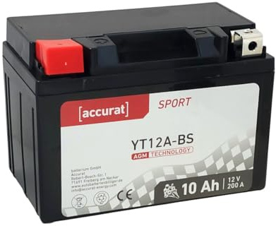 Accurat Motorradbatterie YT12A-BS, AGM, 12V 10Ah, wartungsfrei, zyklenfest | kompatibel mit YT12A-4, FT12A-BS, YTX12A-BS, rüttelfest, Starterbatterie, Erstausrüsterqualität, vorgeladen