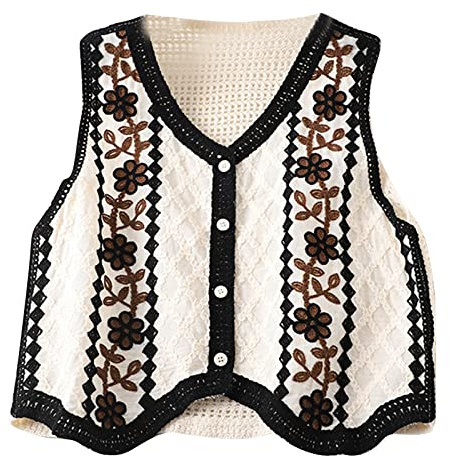 WWHJR Women Vintage Hollow-Out Crochet Knit Sleeveless Vest Waistcoat Button Up Floral Loose Crop Cardigan Top Women's Retro Diamond Check Hollow Hook-and-loop Vest