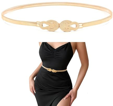 Gold Belt, Amaxiu Elastic Waist Belt for Women, Versatile Stretch Chain Gold Ladies Dress Belt, Adjustable Stretch Metal Waist, Thin Skinny Elastic for Dresses Wedding Party and Daily Outfits