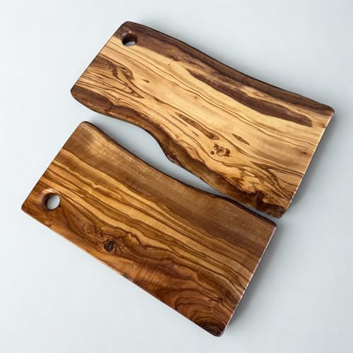 tripleborder TB Rustico Tabla de cortar hecha a mano de madera de olivo, tabla de servir rústica y tabla de aperitivos, tabla de queso maciza, regalo para bodas y cumpleaños, juego de 2 unidades, M