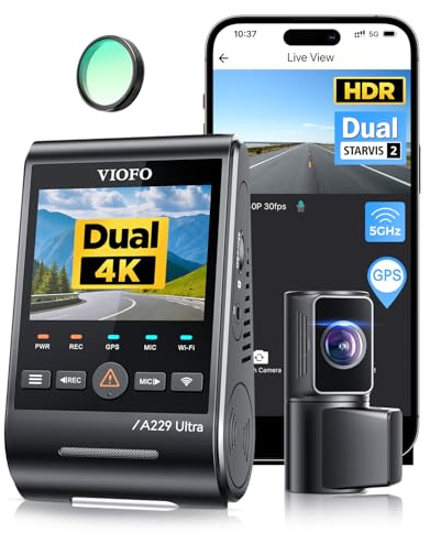VIOFO A229 Ultra 2CH Dashcam, Dual 4K HDR, Front & Hinten, GPS, 5GHz WLAN | Dual 4K HDR vorne & hinten, Nachtsicht 2.0, GPS & schnelle 5GHz-Verbindung, Sprachsteuerung