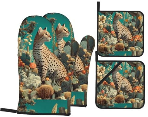 YYHHAOFA Ensemble de pâtisserie de cuisine motif cactus et chat à pois - Gants de four épais et isolants - 4 pièces