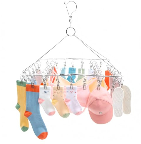 DMOPRDNB Sock Drying Rack Stainless Steel with 36 Clips - Windproof Clothes Hanger for Underwear, Bras, Socks - Swivel Hook Laundry Dryer Accessories for Indoor Outdoor Use