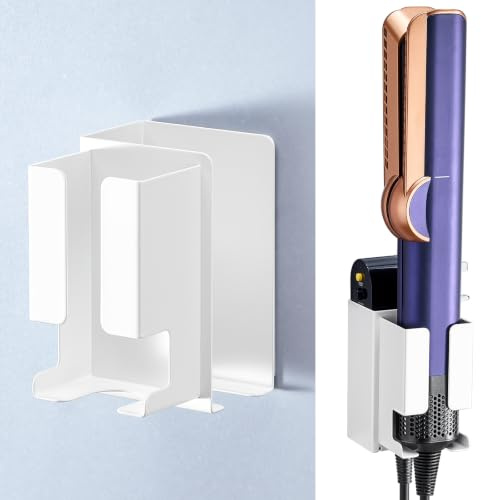 Glätteisen Halterung, Wandhalterung für Glätteisen Zubehör, Haarglätter Halter Ohne Bohren, Haarglätter Halterung Ständer, Glätteisenhalter Aufbewahrung Föhn und Glätteisenhalterung für Bad (Weiß)