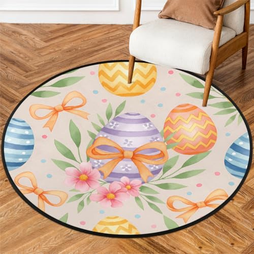 Drekrid Runder Teppich 90 cm – Ostereier-Kreis-Eingangsteppich, waschbare Fußmatte für Schlafzimmer, Sofa, Wohnzimmer, Kinderzimmer, Dekoration, rutschfester Bodenteppich, ästhetisches Comic-Dekor