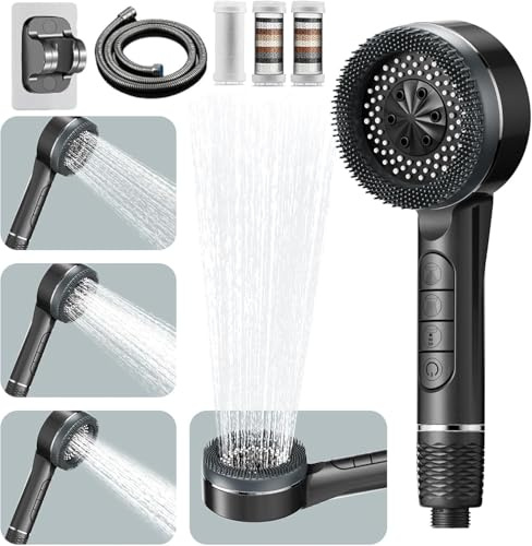 Pommeau de Douche Haute Pression, 4 Types de Jets avec Bouton D'arrêt D'eau Pommeau de Douche Anti Calcaire avec Tuyau Douche 1.5M et Support de Douche, Pommeau Douche Economie, Gris (Dark grey)