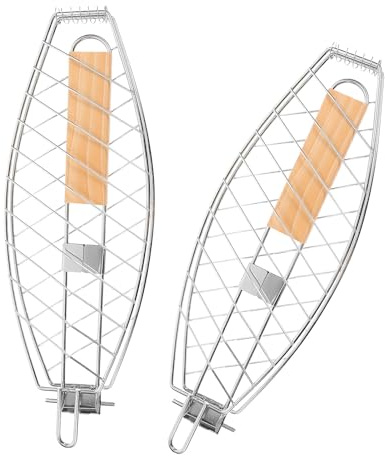 GARVALON Cestello per Grigliare Pesce in Acciaio Resistente 2 Pezzi Pieghevole con Manico Antiscottatura Gabbia per Barbecue Multifunzione per Pesce Carne e Verdure per Grigliate