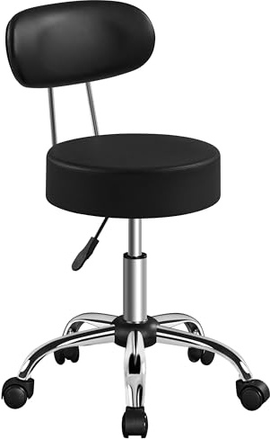 Yaheetech Taburete Giratorio Taburete con Ruedas y Respaldo con Altura Regulable 75.5-85 cm Asiento Tapizado de Polipiel Sintético para Oficina Dormitorio Negro