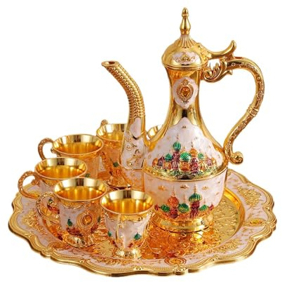 YunJove 7 Piezas Juego de Té Turco Vintage con Tetera Bandeja Y Tazas de Café Diseño Ruso Artesanal Zinc Adecuado para Exhibición Fiesta Decoración, Blanco, Individual