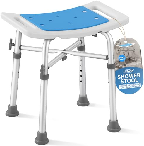 ZENO Shower Stool 4 Adjustable Heights | Cross Beam Shower Chair with 300LB Capacity, Non Slip Feet & Drainage Seat | Lightweight Bathroom Stool with Side Handles | Secure Shower Seat Support for All