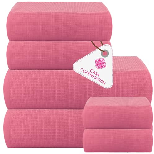 Casa Copenhagen Juego de 6 Toallas de baño, 600 g/m², Rosa | Waffle 100% algodón egipcio puro para baño, cocina y ducha: 2 toallas baño, 2 de mano, 2 paños (set regalo mujer y hombre)