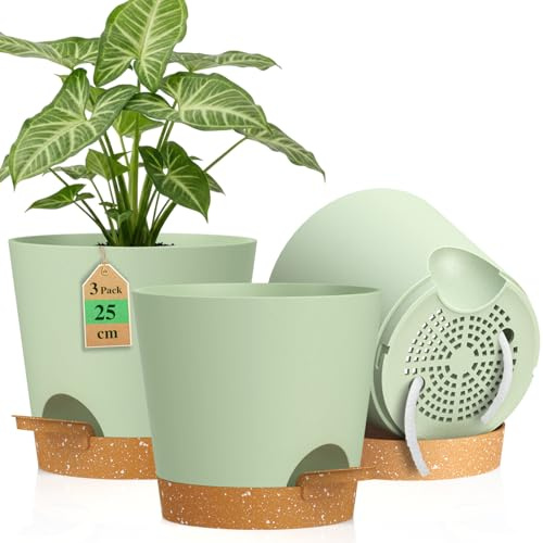 WSMKSZ 25cm Large Self Watering Plant Pots Indoor Outdoor, 3 Pack 10 inch Thick Plastic Flower Pots with Drainage Holes & Deep Reservoirs, Planters with Cotton Wicks for House Plants, Green Brown
