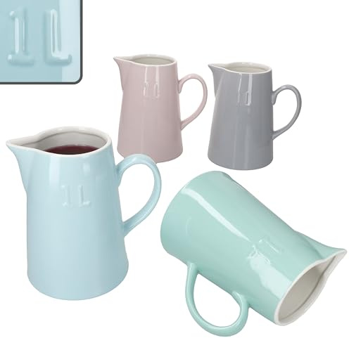 MamboCat Emilia Lot de 4 pichets en faïence de 1 l, menthe, rose, bleu clair et gris avec blanc crème, idéal pour l'eau, le jus, le lait et la limonade, le petit-déjeuner, le brunch et le quotidien