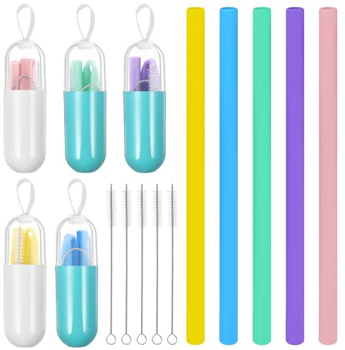 Homoyoyo Lot de 5 Sets de Pailles Réutilisables en Silicone Alimentaire Souple, Pliables et Portables, Brosse de Nettoyage et Étui Coloré, pour Smoothies, Cocktails et Boissons