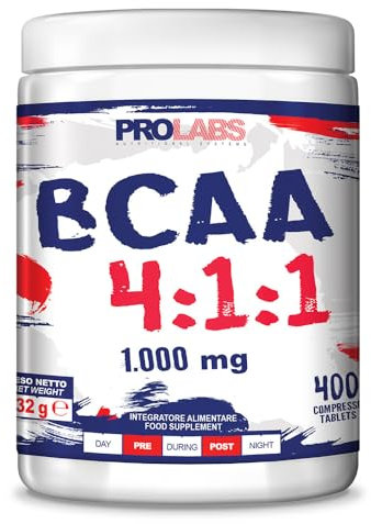 PROLABS – Bcaa Aminoacidi Ramificati Compresse 4.1.1, Amminoacidi 100% Veg con Vitamina B6, B1 e L-Leucina (4 parti) Crescita e Recupero Muscolare, Integratore Post e Pre Workout, 400 Tablet (1000 mg)