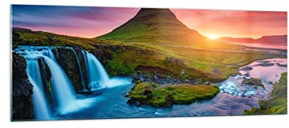 Moderne Impression sur Verre Coucher de soleil Cascade Islande volcan Image Tableau en Verre Decoration Murale 140x50cm Deco Salon Chambre Panoramique Grand XXL Tableaux Decoratifs Art GAB140x50-2963
