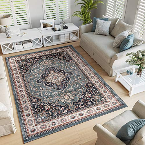 TAPISO Colorado Teppich Wohnzimmer Klassisch Kurzflor Orientalisch Blau Creme Schwarz Medaillon Ornament Muster Orientteppich ÖKOTEX 60 x 100 cm