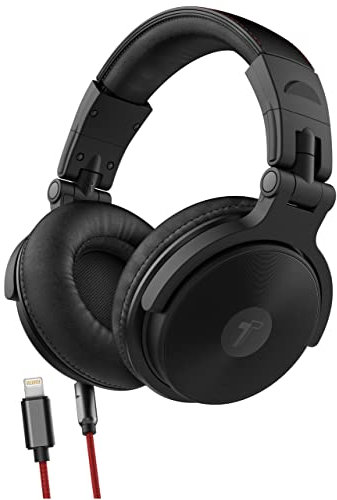 Thore Over Ear iPhone Headphones with Lightning Connector (Apple MFi Certified) – Closed Back Studio DJ Monitor Earphones (50mm Neodymium Drivers) (V200 Black/Red)