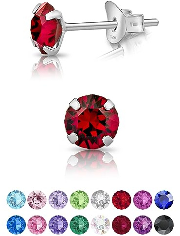 Pendientes de Botón Plata Ley 925 on Cristales Brillantes Rojo Rubí - Pendientes Pequeños Mujer Plata 925 - Punto de Luz Hipoalergénicos sin Niquel - Diámetro 5 mm
