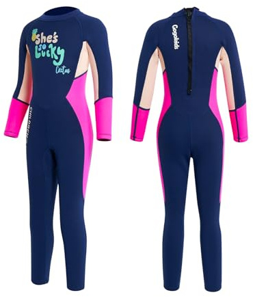 Gogokids Barn våtdräkt flickor neopren baddräkt, barn 2,5 mm termiskt utslagsskydd varma tjocka badkläder solskydd dykning snorklingskostym UV 50+, rosa + blå XXL
