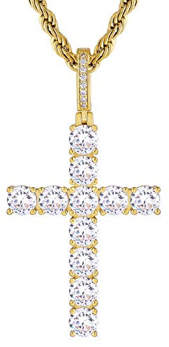 KRKC&CO Kreuz Kette, 14K Gold plattiert 2,5mm 56cm Rope Kette mit Iced Out Kreuz Anhänger, Kreuz mit Zirkonia Silber Kreuzkette Kordelkette Hip Hop Anhänger Kette Geschenke für Herren
