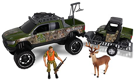 NKOK Realtree 1/18 Scale Free-Wheel Playsets 9-PC Set, RT Ram 1500 Rebel Polaris Ranger on Trailer & Accessories playset (Game Hoist, Roof Rack, Roll Bar, Buck, Hunter, Rifle, Rifle Case), Multi