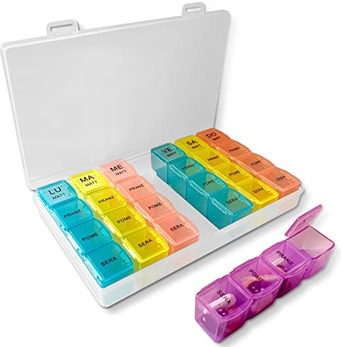 HOUSEVAG® Portapillole Settimanale 28 Scomparti Porta Pastiglie Settimanale Portatile Italiano Porta Medicine Estraibile Giornaliero Con Scatola Portapillole Tascabile Per Anziani Certificato