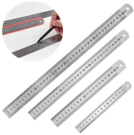 HIQE-FL Edelstahl Lineal 4er Set,15/20/30/40cm Stahllineal,Metall Linea,Metalllineal mit Doppelseiten Skala Kante,Messwerkzeug Metall,Schule,Büro,Zuhause