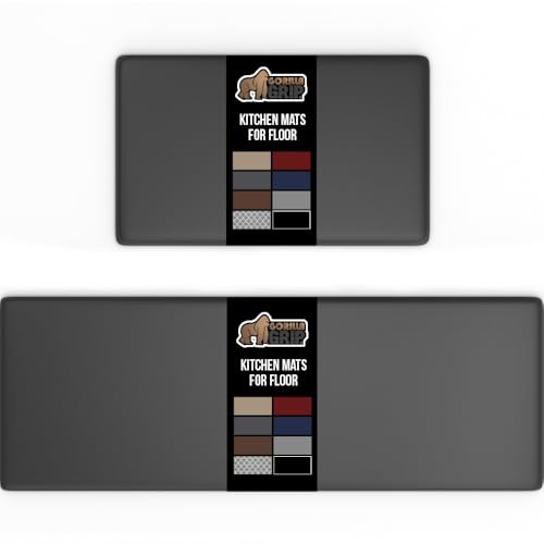 GORILLA GRIP 2 Pack Comfortable Cushioned Kitchen Mats for Floor, 17x29 + 17x59, Waterproof, Stain Resistant, 1/2 Inch Thick Soft Ergonomic Standing Desk Anti Fatigue Mat, Foam Supports Feet, Charcoal