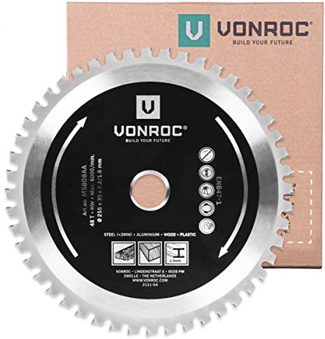 VONROC Multi-Material-Sägeblatt - Ø255 x 30mm - 48T - Holz, Aluminium, Kunststoff und Stahl - Für MS507AC