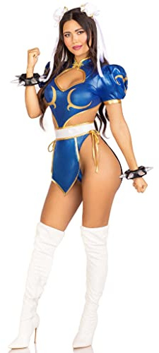 Leg Avenue Costume da combattimento da donna per Chun Li Street Fighter, con copertine per chignon, Multicolore, Medium
