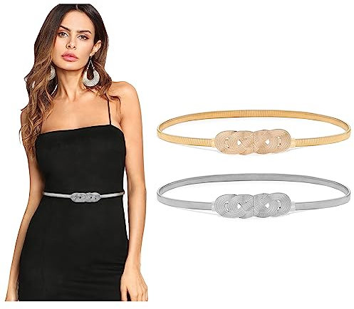 WERFORU 2 Stück Frauen Metall Dünner Gürtel für Kleid Gold elastische dünne Taille Gürtel Stretch Cinch Gürtel