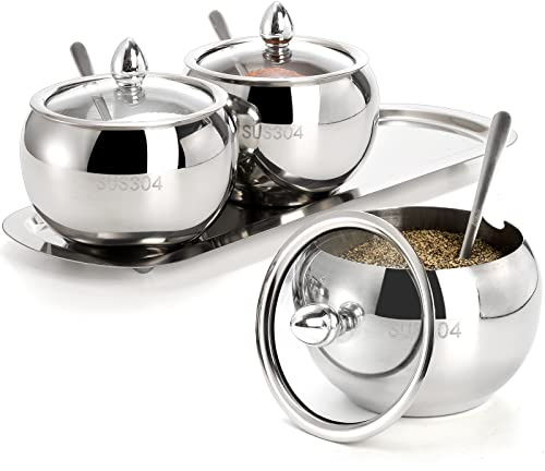 Hedume 3 Pcs Stainless Steel Condiment Container Set with Lid, Spoon and Tray, Condiment Container 304 Stainless Steel, Condiment Containers for Serving Sugar, Pepper