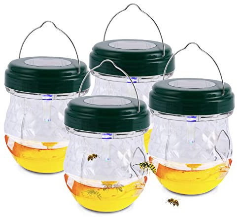 Trampa Avispas con Luz Solar LED, Trampas para Avispas Exterior, Trampas para Avispas Asiaticas, Mata Moscas y Mosquitos, Trampas para Insectos, Trampa Moscas Colgar Jardin Balcón (4 Piezas, Verde)