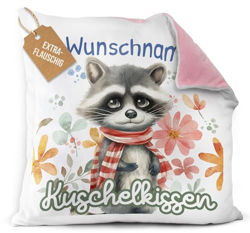 Print Royal PR Flauschiges Kuschel-Kissen für Kinder mit Füllung mit Name selbst gestalten - Waschbär Kissen für Mädchen und Jungs, Kinderkissen mit Name | 40 x 40 cm, Rückseite Rosa Flauschig