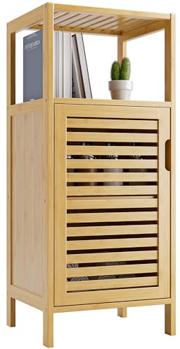 HITNET Badezimmerschrank Freistehend, Kleiner Bambus-Bodenschrank, Sofa Beistelltisch Aufbewahrungsorganisator, platzsparender eintüriger Küchenschrank, Natürlich