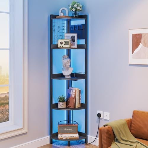 Dripex Corner Shelf with Power Outlets & Strip Lights, 5 Tiers 67 Tall Black Corner Bookshelf Corner Plant Stand Storage Shelving Unit for Living Room, Bedroom, Home Small Space